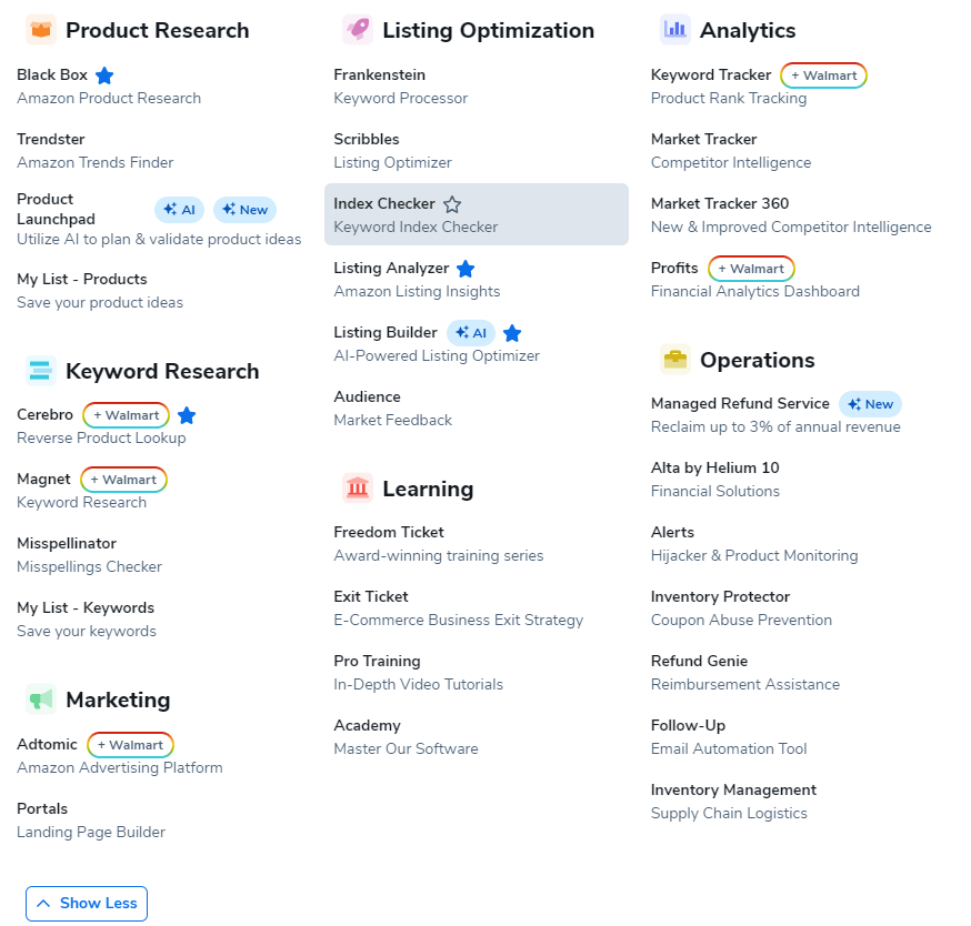 Menu et fonctionnalités d'Helium 10