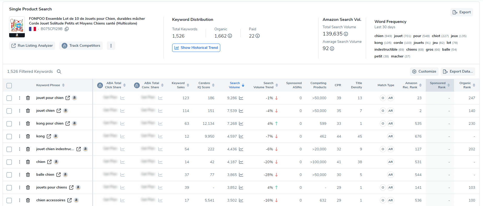 Recherche de mots-clés sur Helium 10