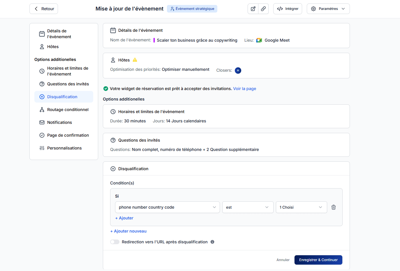 Paramétrage d'un événement sur iClosed